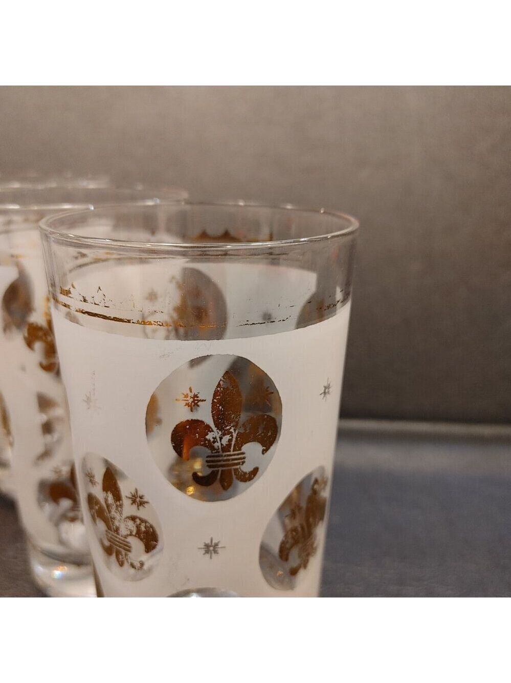 Libbey Highball Glasses Frosted Fleur de Lis Gold Rim 1950s Set of 6 - Picture 8 of 10